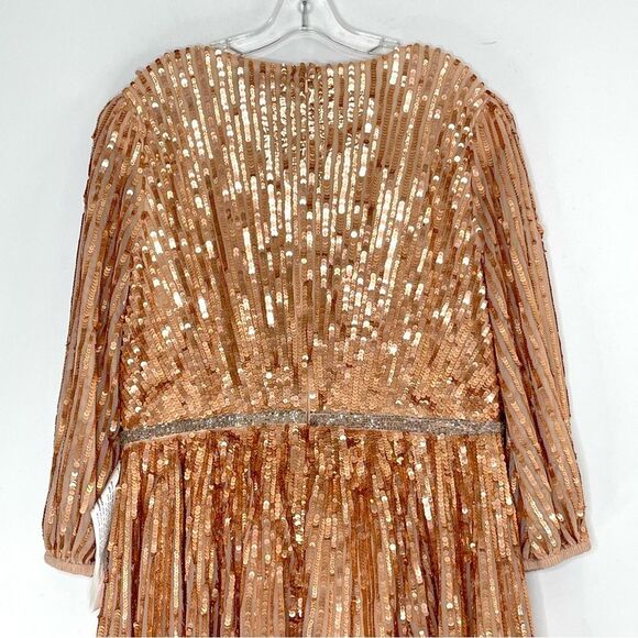 Mac Duggal 5509 Sequin Wrap Over 3/4 Bishop Sleeves Gown, Apricot, Size 16 - Picture 4 of 9